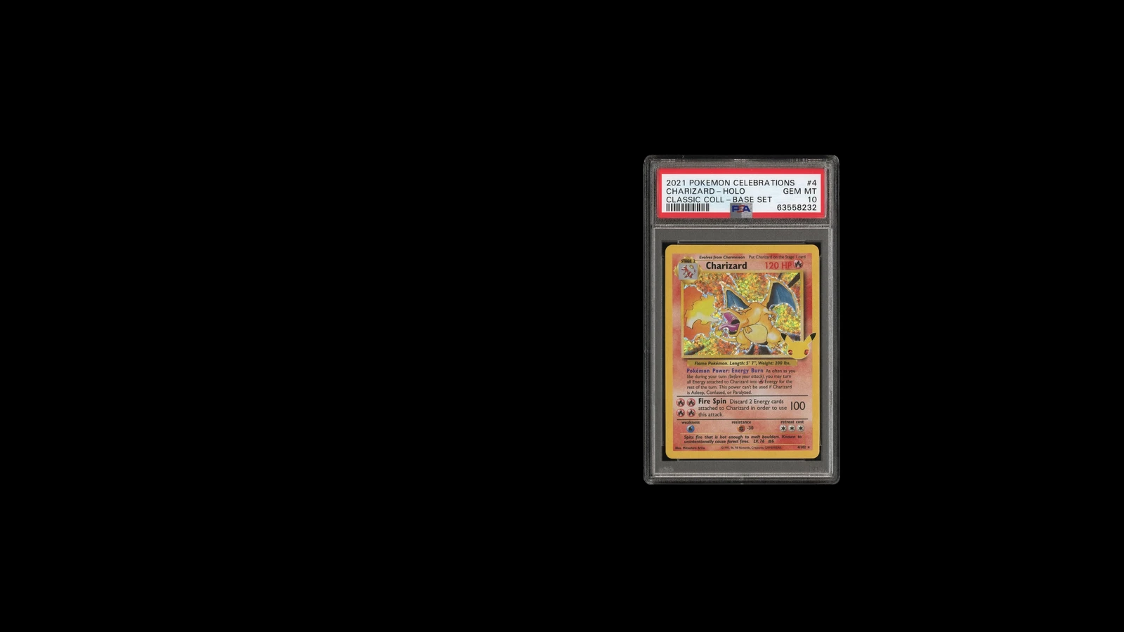 Carte Charizard notée PSA 10 dans son boîtier