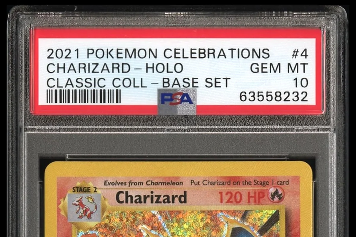 Close-up of the PSA 10 Charizard slab label and card