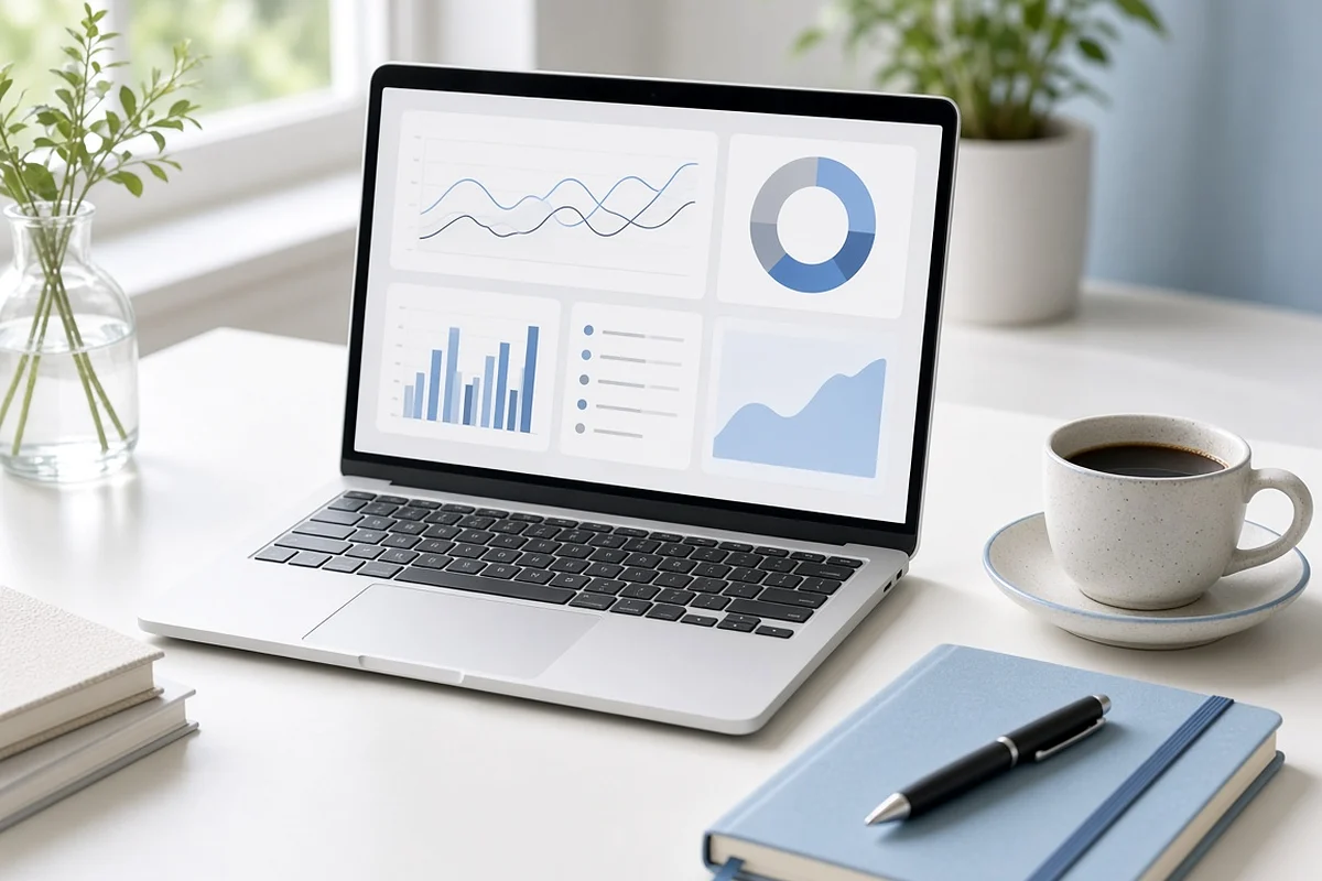 Laptop showing charts on a bright desk