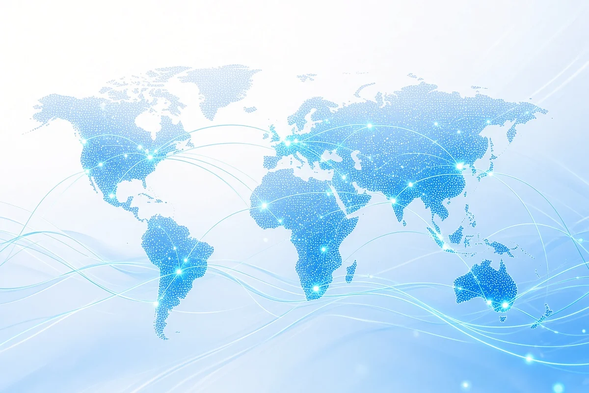 Glowing blue world map with network lines