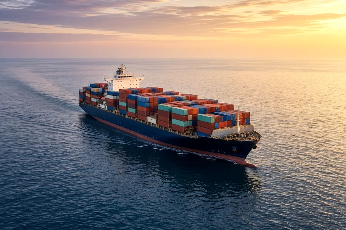 Container ship at sea at sunset
